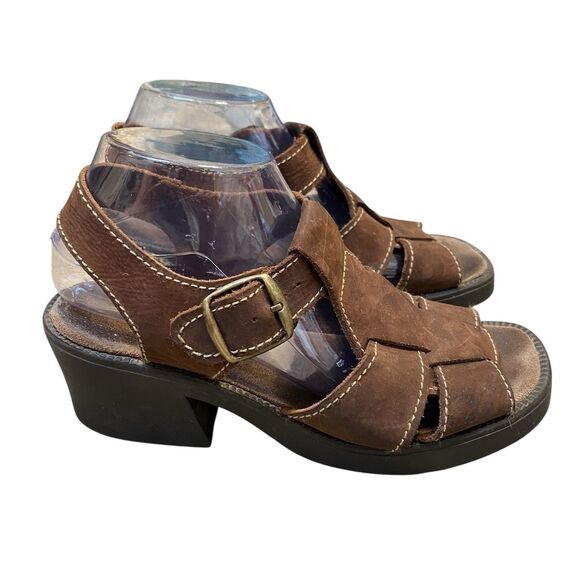 Vintage Y2K Chunky Sandals Women 8.5 Brown Leather Block Heel Open Toe Stitched - Picture 2 of 10